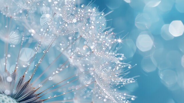Detailed image of a dandelion covered in water droplets, perfect for nature backgrounds
