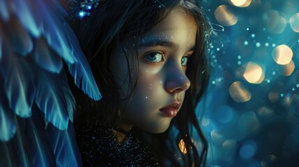 A young girl wearing a headband with wings, perfect for fantasy themed projects