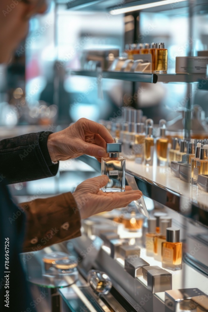Poster a man browsing perfumes in a store. great for beauty and shopping concepts