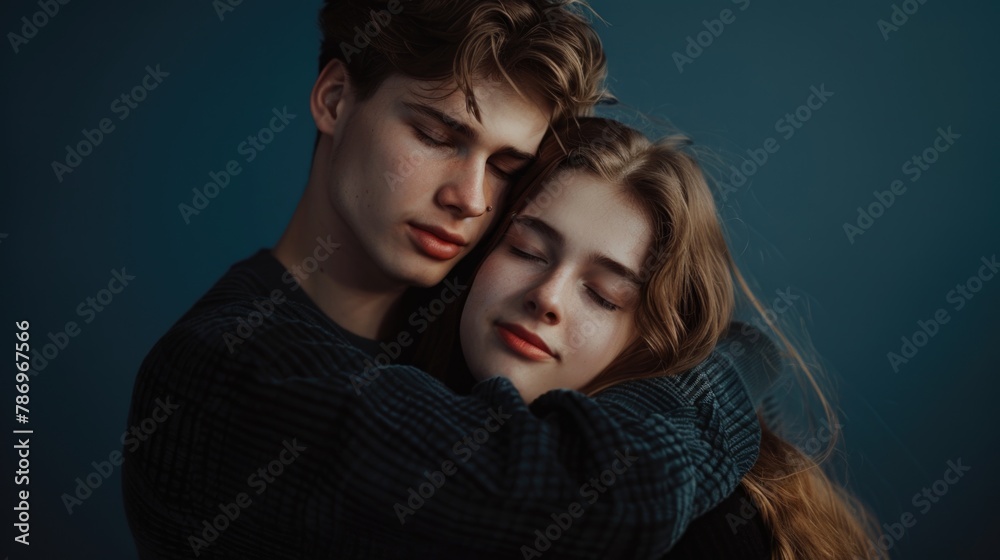 Poster a man and a woman hugging each other. suitable for relationship and love concepts