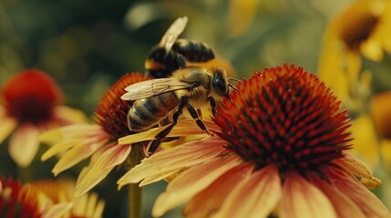 A bee sitting on top of a bright yellow flower. Suitable for nature and gardening concepts