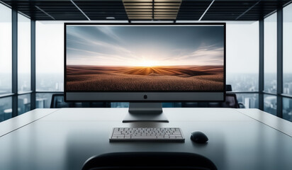 Fototapeta premium Modern office with desktop and computer monitor