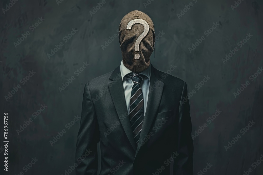 Poster a man in a suit with a question mark on his face, suitable for business concepts