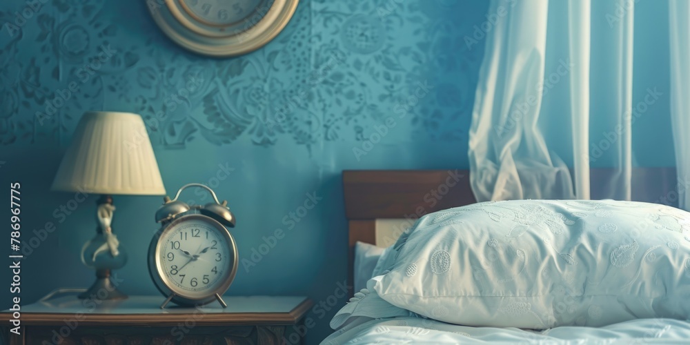 Aufkleber an alarm clock sitting on top of a bed next to a night stand. suitable for bedroom or morning routin