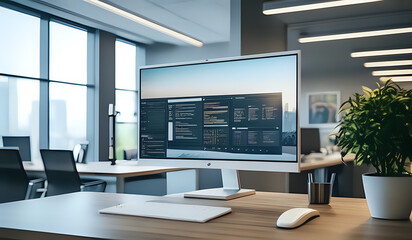 Fototapeta premium Modern office with desktop and computer monitor