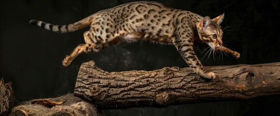 Naklejka premium Graceful leaps over driftwood obstacles, showcasing the cat's agility, professional photography and light, Summer Background