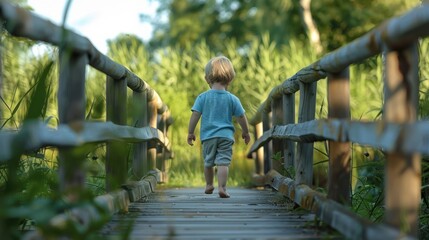 A young boy walking across a wooden bridge. Ideal for nature or childhood themes - obrazy, fototapety, plakaty
