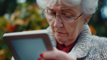 Elderly woman looking at a tablet computer. Suitable for technology concepts