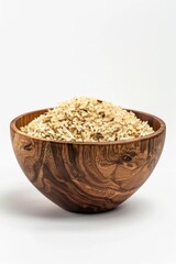 A wooden bowl filled with oatmeal on a white background. Suitable for food and nutrition concepts