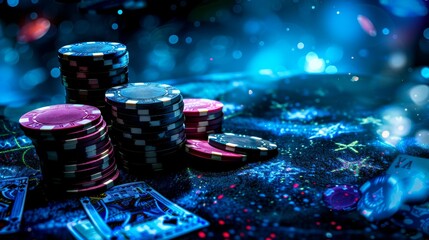 Casino Concept background with dice, golden coins, cards, roulette and chips.