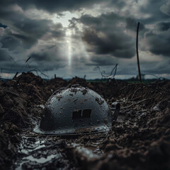 single upside down German Pickelhaube stuck in mud trenches under a moody rainy sky with a ray of sunlight comming through and lighting the helmet