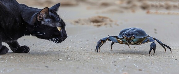 Intense concentration as the cat stalks a scuttling crab making its way across the sand, professional photography and light , Summer Background - obrazy, fototapety, plakaty
