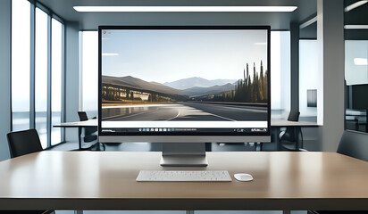 Fototapeta premium Modern office with desktop and computer monitor