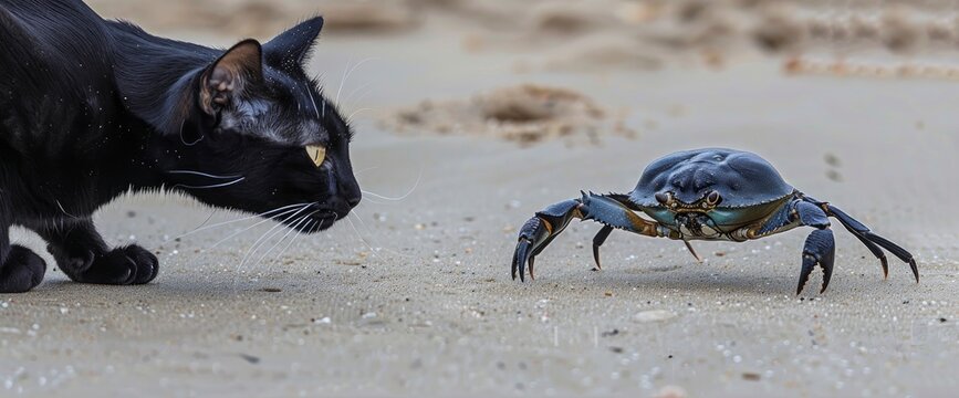 Intense concentration as the cat stalks a scuttling crab making its way across the sand, professional photography and light , Summer Background