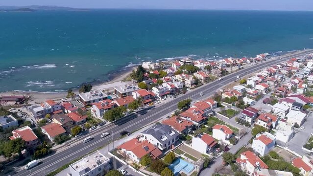 Aerial view of summer residences in Urla, Izmir's resort area. Aerial view of the resort area and its beautiful coast. Izmir in Turkey