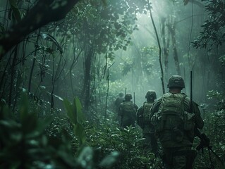 A squad of soldiers in camouflage uniforms moving stealthily through a dense jungle