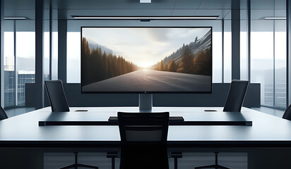 Fototapeta premium Modern office with desktop and computer monitor