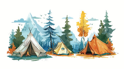 Four Camping Tents. Outdoor lifestyle. Home in the nat - obrazy, fototapety, plakaty