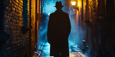 Mystery crime novel depiction of a fictional undercover detective agent in silhouette