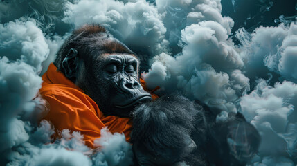 Illustration of a gorilla wearing an orange nightgown resting and sleeping soundly above the clouds - obrazy, fototapety, plakaty