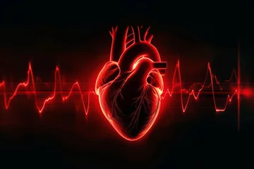 Fotobehang Human heart with cardio pulse line on dark background, Concept of healthcare and cardiology © Lazy_Bear