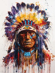 This vibrant image showcases a Native American headdress with a dynamic explosion of colors, representing tradition and cultural history