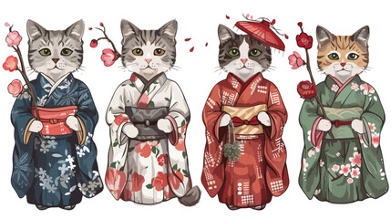 Four cats dressed in traditional japanese clothes with