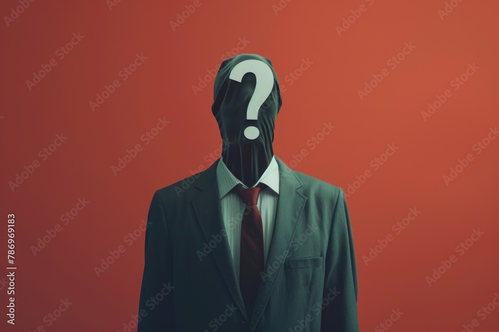 Poster A man in a suit with a question mark on his face. Suitable for business concepts