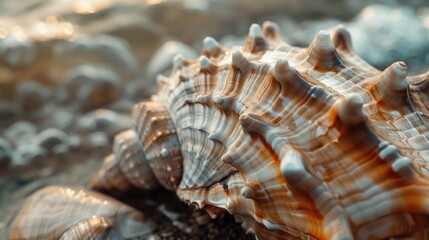 Close up of a sea shell on a sandy beach, perfect for nature backgrounds
