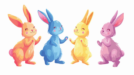 Obraz na płótnie Canvas Four colorful Bunnies. Dancing standing fighting runni