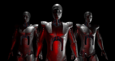 Fototapeta na wymiar Armed Fearless AI Robots Confidently Walking To The Camera. Luma Channel Is Included. Technology Related 3D Render.