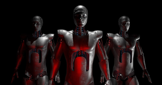 Armed Fearless AI Robots Confidently Walking To The Camera. Luma Channel Is Included. Technology Related 3D Render.