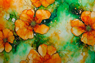 Abstract Painting Drawn With Alcohol Ink In Green And Yellow With Addition Of Orange Colors