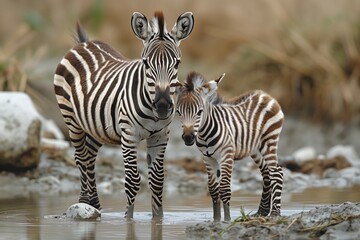 Fototapeta na wymiar Two zebras standing together in the water, a natural landscape scene