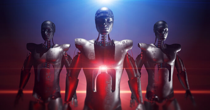 Armed Powerful Fearless AI Robots Confidently Walking To The Camera. Laser Lights. Technology Related 3D Render.