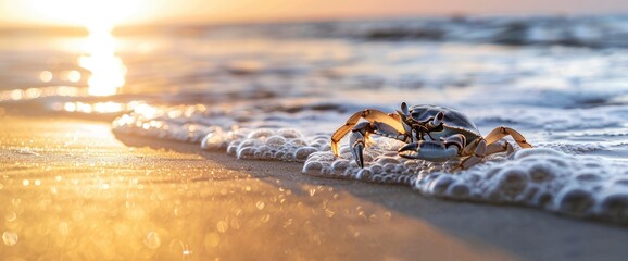 Playful antics with a wayward crab scuttling along the shoreline, professional photography and light , Summer Background