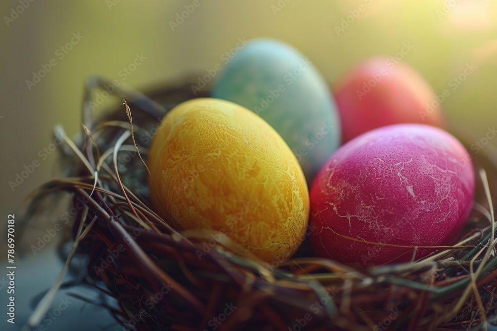 Poster close up of a nest with four colored eggs, perfect for spring themes