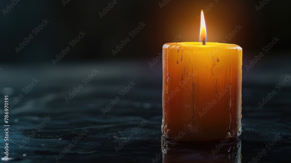 Poster a single lit candle on a table, suitable for various concepts and designs