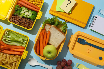 Plastic lunch boxes with food on a blue background