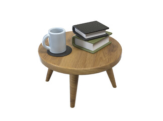 A coffee table with a mug and books floating in the air. The concept of relaxing while reading a book and having a hot drink. 3d rendering of furniture-themed illustrations