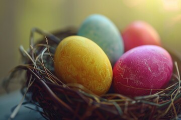 Obraz premium Close up of a nest with four colored eggs, perfect for spring themes