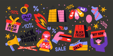 Cartoon black friday stickers. Retro stickers, patches labels for shopping, discounts, great deals. Set of promo offers in groovy vintage doodle acid style