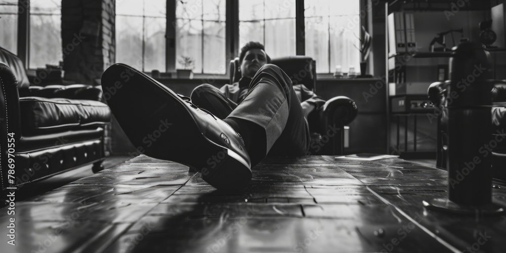 Poster a man laying on the floor in a black and white photo, suitable for various projects