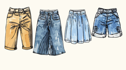 Four denim jean clothes. Shorts skirt jeans pants. Han