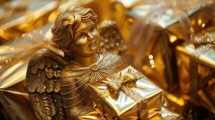 Fototapeta premium Golden angel statue holding a gift, perfect for holiday designs