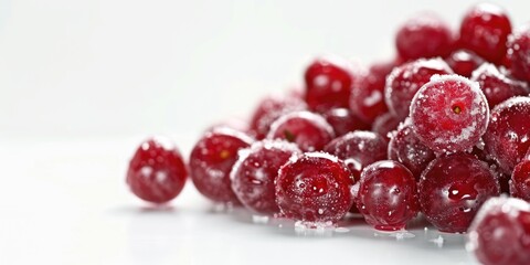 A pile of frozen cranberries on a white surface. Perfect for food and beverage concepts