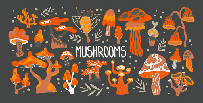 Retro set groovy mushrooms.Hippie cartoon design elements in 90s style. Trendy doodle acid stickers	