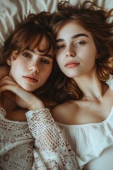 Two beautiful young women laying on a bed. Perfect for lifestyle and friendship concepts