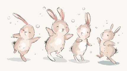 Obraz na płótnie Canvas Four doodle Bunnies. Dancing standing fighting running