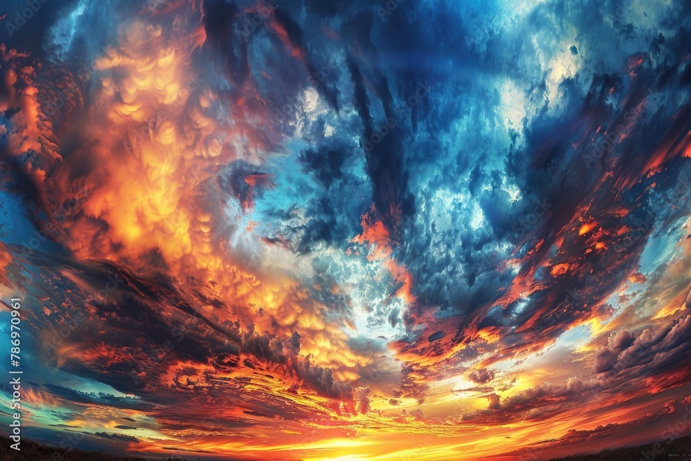 Poster colorful sky with clouds and a bench in the foreground. suitable for various outdoor themes